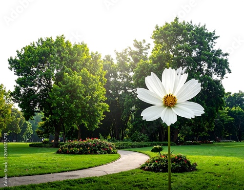 A serene park scene with a large white flower in the foreground