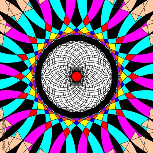 Vibrant abstract geometric pattern with a central red focal point, showcasing intricate radial symmetry and a captivating blend of bold colors