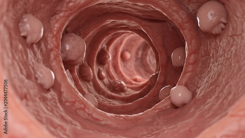 Large intestine interior, detailed mucosal lining with multiple colonic polyps, slow endoluminal camera movement, accurate anatomy, healthcare education concept, 4K video