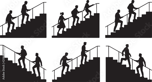 Set of silhouettes of people walking up the stairs