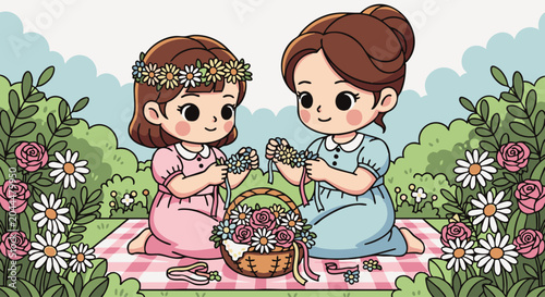 Two young girls in a garden sitting on a pink checkered blanket, weaving flower crowns with daisies and roses near a wicker basket