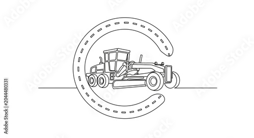 Schilderij op canvas Road Grader Machine Inside Circular Road Outline, Construction Vehicle Line Art