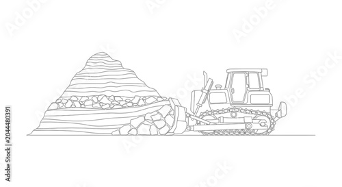 Foto Bulldozer pushing pile of rocks and earth, construction site, industrial machine