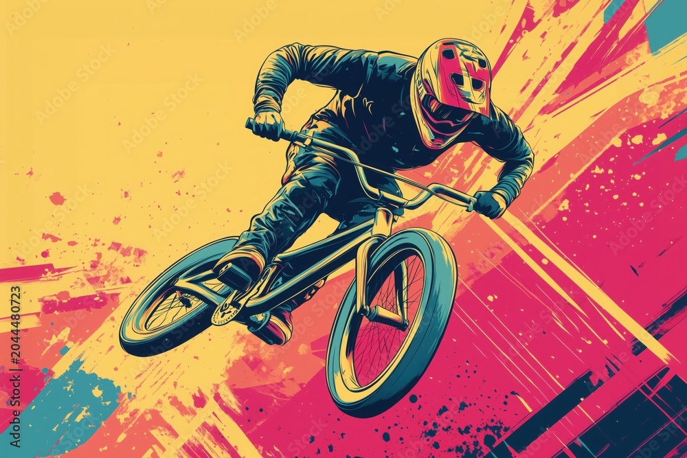 Naklejka premium A comic-book-inspired illustration of a BMX rider doing a trick mid-air, with exaggerated action lines and bold colors.