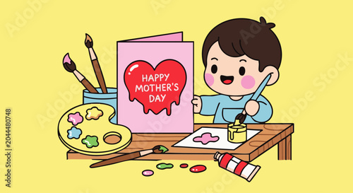 A cute cartoon boy painting a pink mother's day card with a red heart, sitting at a wooden table with brushes, paint palette, and tubes