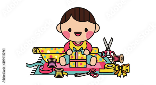 Cute cartoon child sitting on a rug, wrapping a gift box with colorful patterned paper, ribbons, spools of thread, and metal scissors