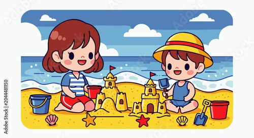 A cartoon of a young girl and boy building sandcastles on a sunny beach with blue ocean waves, seashells, and buckets