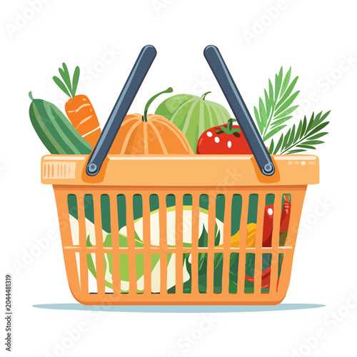 Orange shopping basket filled with fresh vegetables and greens
