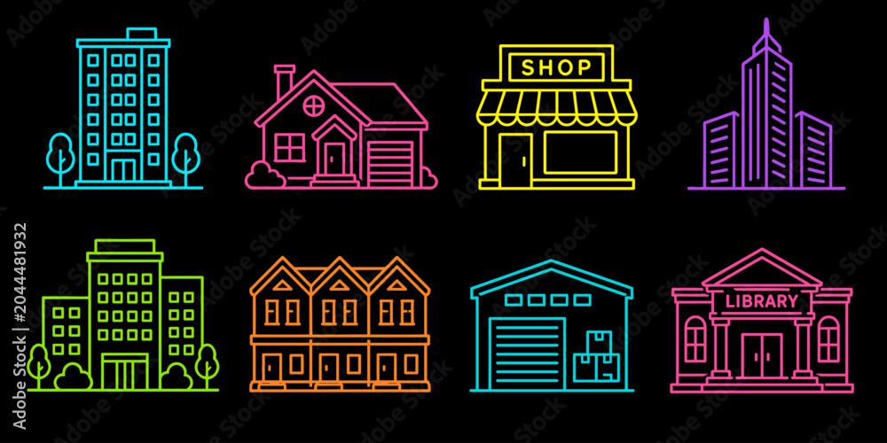 Fototapeta premium Collection of colorful neon building icons on a black background