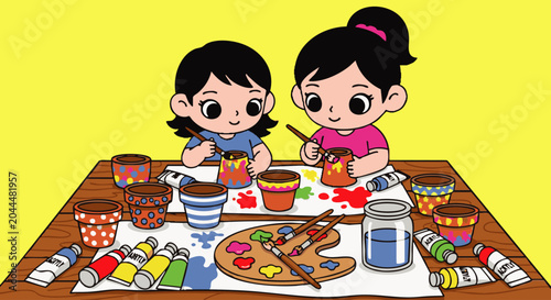 Two young girls painting terracotta flower pots with colorful acrylic paints, brushes, and a wooden palette on a table against a yellow background