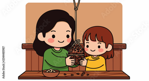 A mother and her young daughter holding a hanging pinecone bird feeder, crafting together in a cozy room with a wooden table and bowl