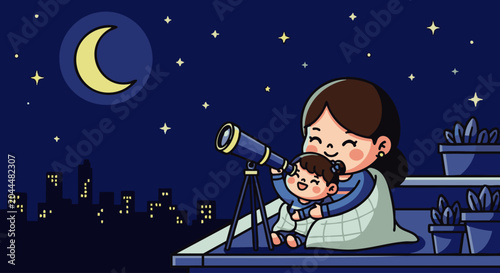 A mother and her young child sitting on a rooftop at night, looking through a telescope at the crescent moon and stars above a city skyline