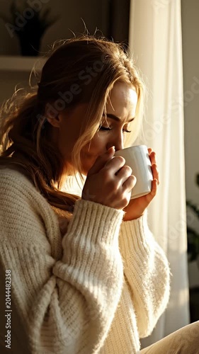 Woman in white sweater holding mug in morning sunlight