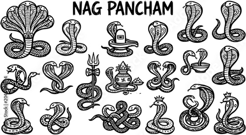 Bilde på lerret Nag Panchami Hindu Festival Snakes and Religious Symbols Vector Doodle Set