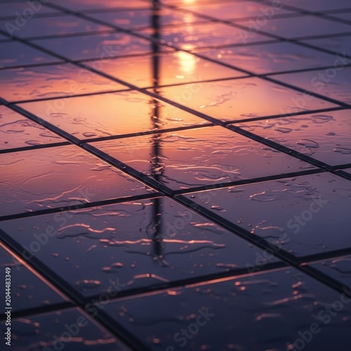 Sunset Reflections on Wet Pavement - A Serene Scene.