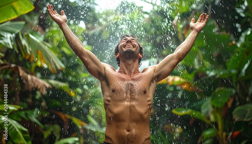 A shirtless man stands in lush greenery with arms raised under falling water