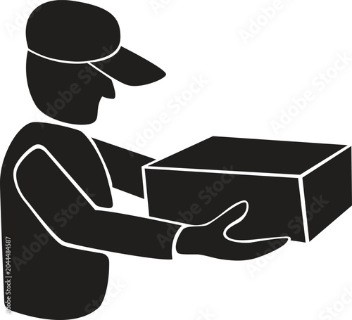 Delivery man in cap holding package box