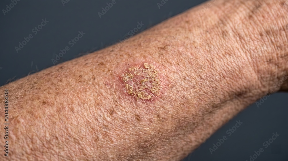 Naklejka premium Solitary actinic keratosis lesion with rough scaly crust on aged forearm