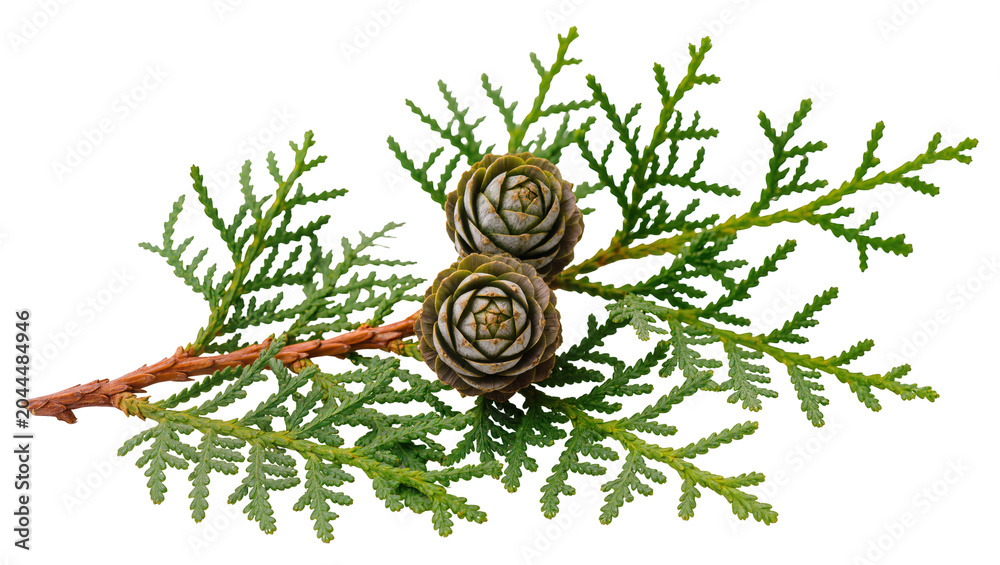 Fototapeta premium Two small pine cones on a green cedar branch