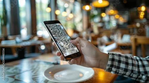 Man using smartphone to scan digital contact-free QR code for contactless restaurant payment. Modern mobile commerce technology for quick secure billing in cafe.
