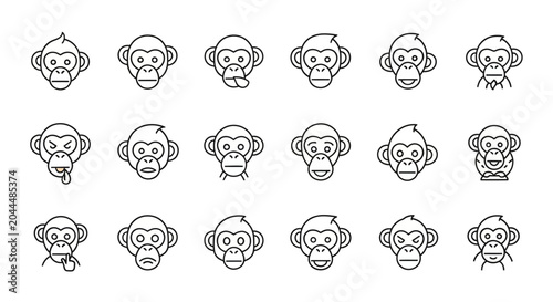 Canvastavla Set of linear monkey faces expressing various emotions and facial expressions
