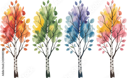 set of Watercolor White Birch Tree Illustration, Paper Birch Botanical Clipart Vector Isolated on White Background