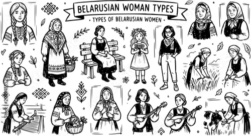 Bild auf Leinwand Belarusian Woman Types: Black and White Line Art of Traditional Female Character
