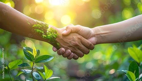 Handshake with green leaves nature environment.
