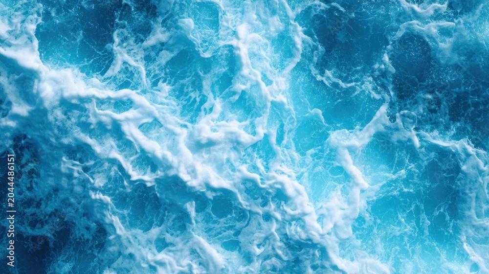Fototapeta premium Dynamic close up of vibrant blue ocean water with white foamy waves and turbulent patterns