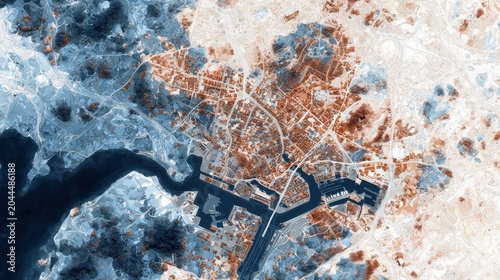 Abstract aerial map showing urban development contrasting with natural blue waters and terrain