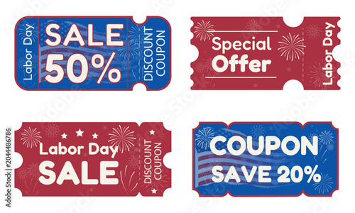 Labor Day sale coupon templates vector set on transparent background. USA patriotic discount tickets with American flag elements and fireworks. Special offer vouchers for national holiday shopping
