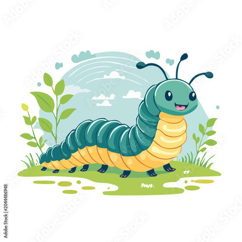 Cute cartoon caterpillar walking in a grassy field