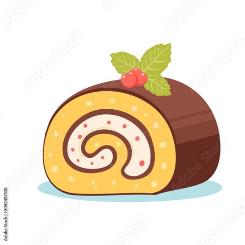 Illustration of a Swiss roll cake with mint and berries
