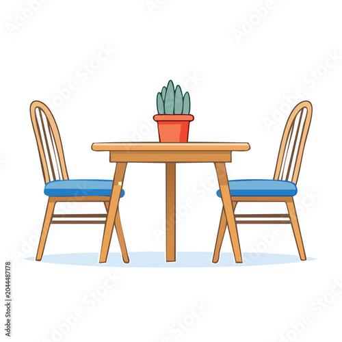 Simple wooden table with two chairs and a potted plant