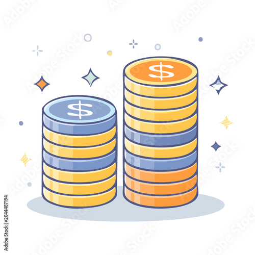 Stacks of coins with dollar signs and sparkles