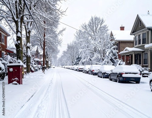 A snow-covered residential street with parked cars and trees