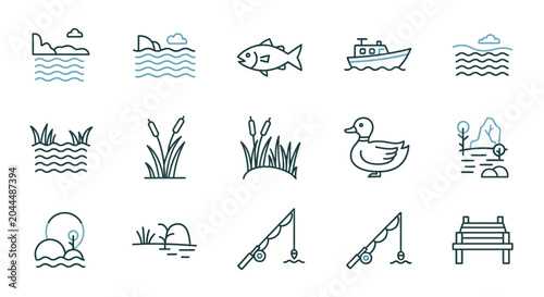 Photography Set of linear vector icons landscapes animals and fishing elements