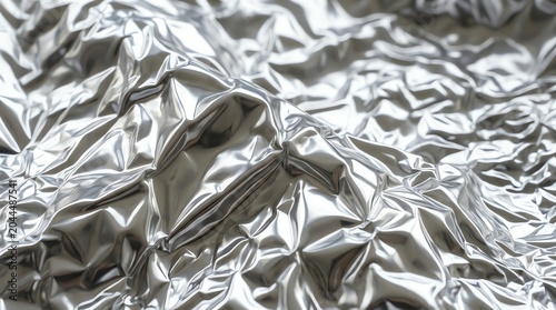 Close-up of Wrinkled Aluminum Foil Surface with Reflective Texture.