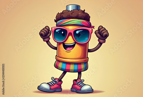 An Energetic Retro Styled Cartoon Battery Character Wearing Large Pink Sunglasses A Colorful Headband And Sneakers Celebrating With Raised Fists Against A Solid Gradient Background