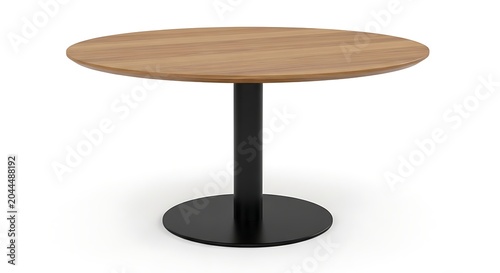Minimalist round wooden table with black metal pedestal base