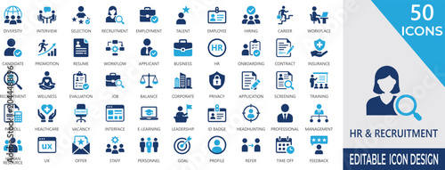 Fotografie HR and Recruitment solid icon set with candidate, interview, selection, employee, hiring, career, onboarding, and business symbols
