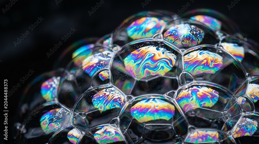 Fototapeta premium Close-up of colorful soap bubbles reflecting light on a dark background.