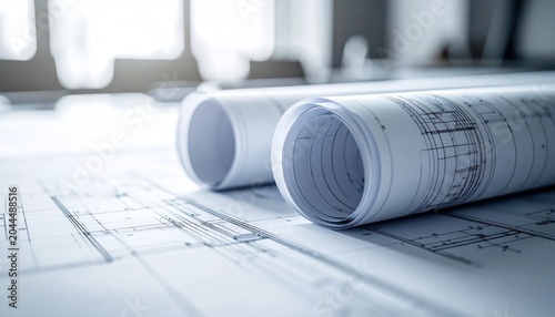 Rolled Architectural Blueprints Resting on Detailed Building Plans in Bright Design Studio