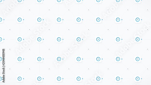 Minimalist blue circular icons moving across a clean white grid background in this seamless digital motion animation video loop