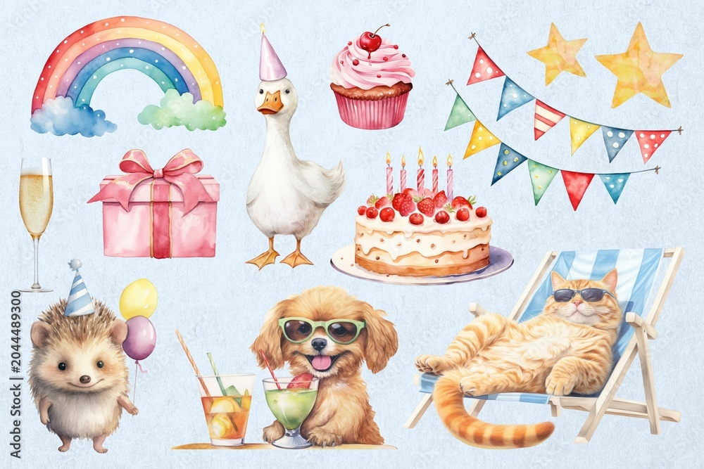 Fototapeta premium Watercolor party animal element set