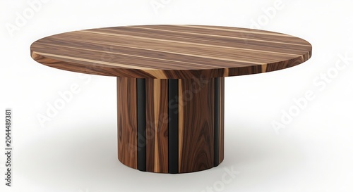 Round wooden table with modern black metal pedestal base