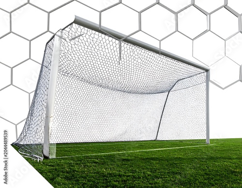 A soccer goal on green grass with a white background