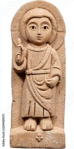 Ancient Stone Carved Sculpture in Robe Attire Holding Object on White Background