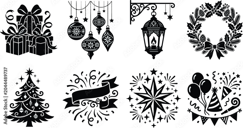 Obraz premium Black Christmas and New Year Holiday Silhouette Icons Set with Christmas Tree, Gifts, Wreath, Lantern, and Party Elements
