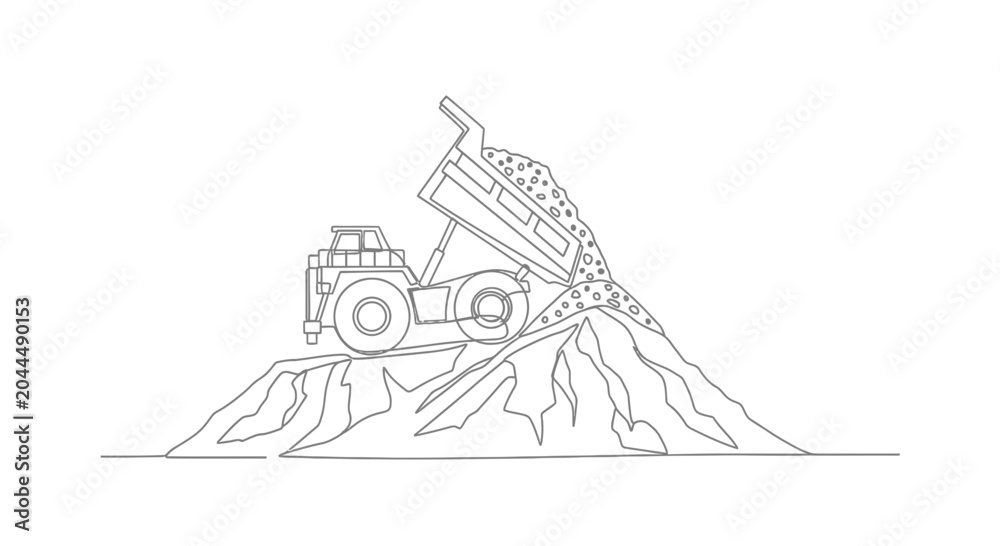 Naklejka premium Dump Truck Unloading Gravel on Construction Site - Line Art Illustration